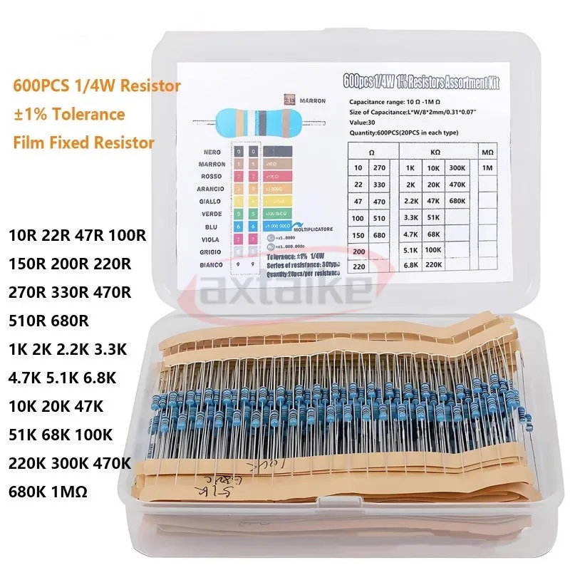 300/600PCS/Set 30 Kinds 1/4W Resistance 1% Metal Film Resistor Pack Assorted KIT Set1K 10K 100K 220ohm 1M Resistors