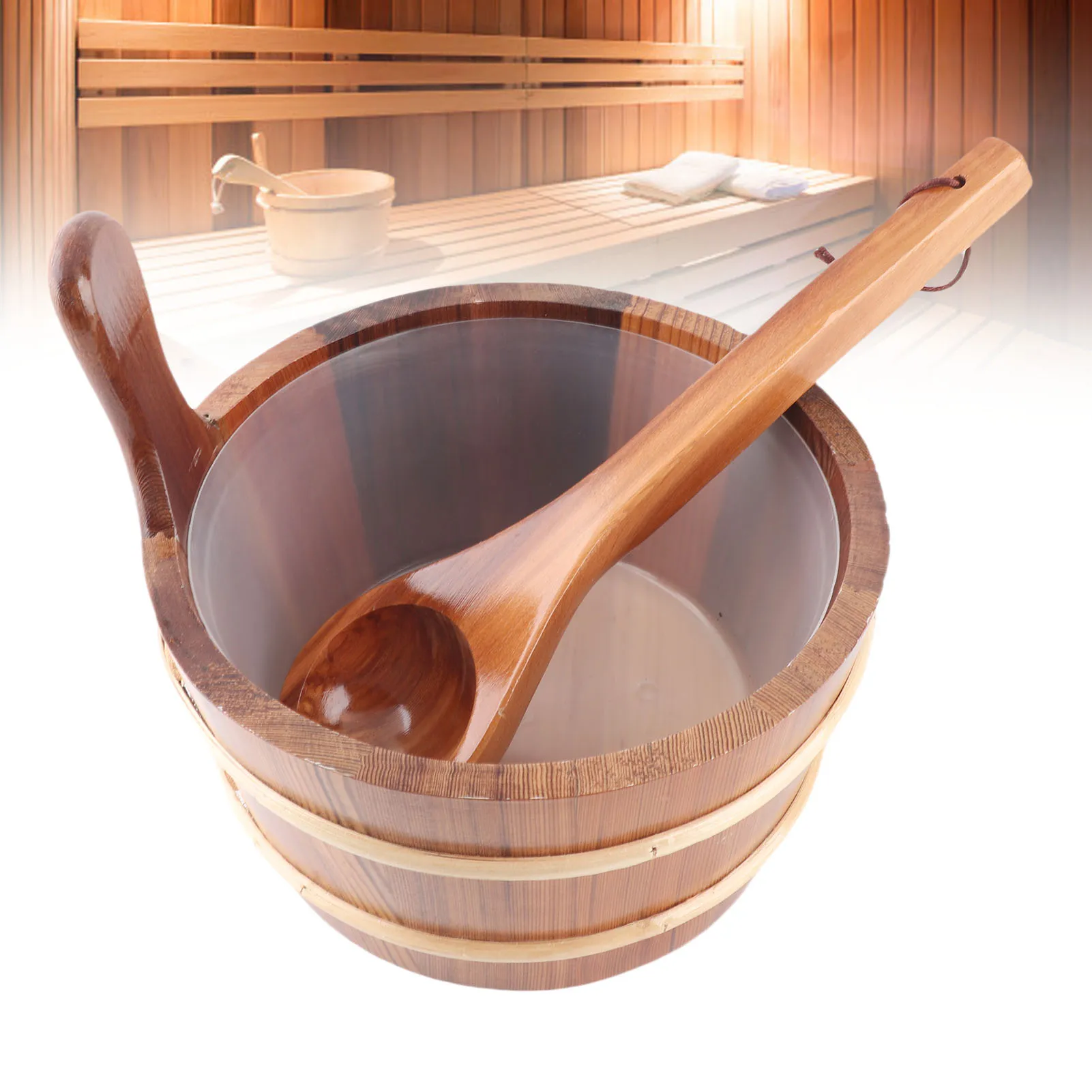 Sauna Bucket Ladle Set Leakage Proof Steam Room Wooden Barrel with Plastic Liner for SPA Swimming Pool 4L Sauna Room Bucket