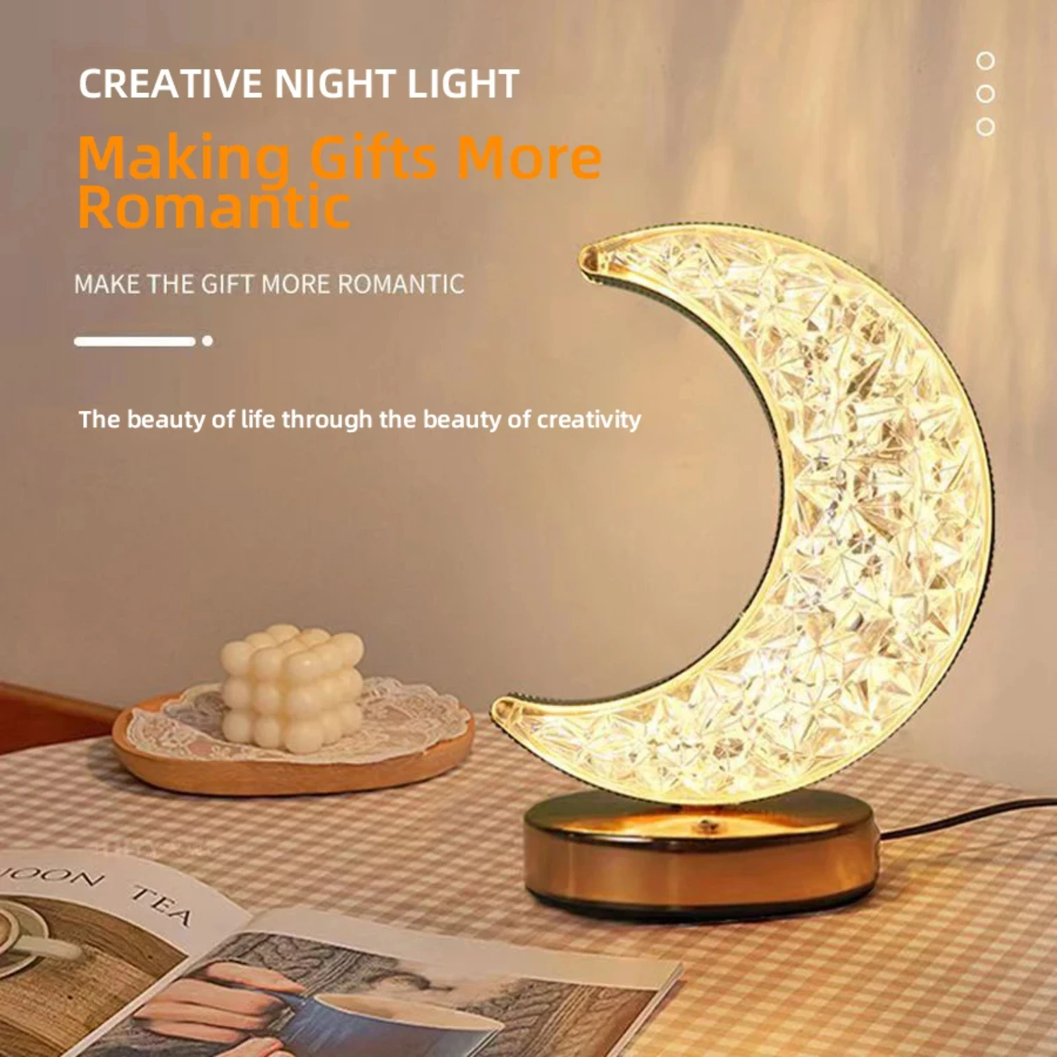 Bela escurecimento Crystal Night Light, Candeeiro de mesa LED, Carregamento USB, Lindo Design 3D, Girls 'Room Decor, Impressionante, Novo