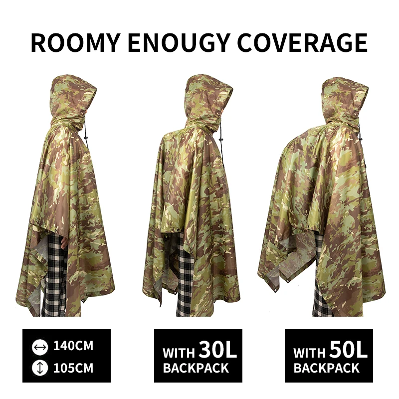 Multifunktionale Regenmantel Wasserdichte Poncho Camouflage Abdeckung Für Camping Jagd Kleidung Shelter Zelt Military Notfall Regenmantel