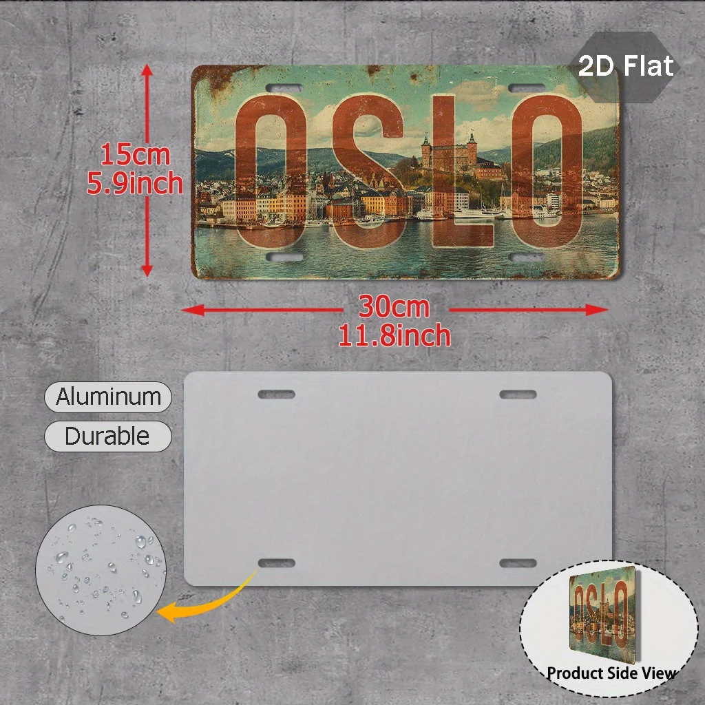 2D Flat Printing Vintage Oslo City Aluminum License Plate Wall Art (29.97cm x 14.99cm), Nordic Retro Home Decor
