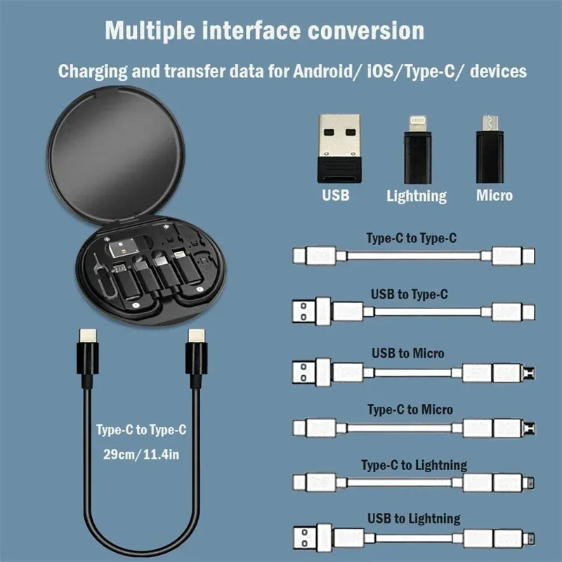 60W Type-C To USB C To Micro To Lighting Fast Charging Cable Adapter Kit for IPhone 14 15 13 Pro OTG Converter Multi Storage Box