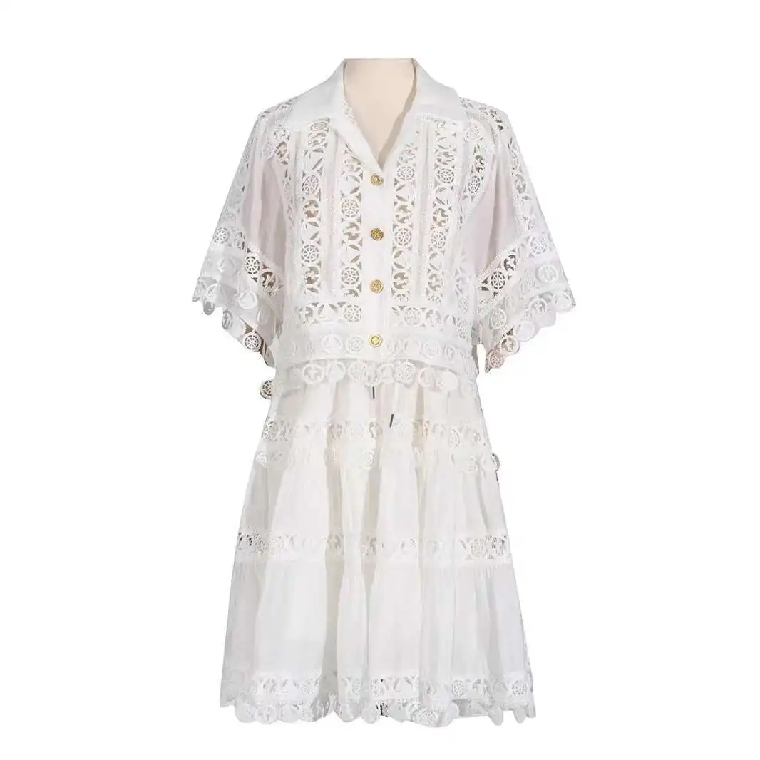 

Luxury Pearl Hollow Out Short Dress Two Piece Set Women's 2025 Summer Holiday Embroidered Lace Short Shirt Half Skirt Suit Party
