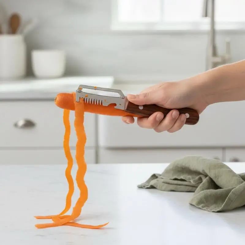 Multi-Functional Vegetable Peeler-4-in-1 Stainless Steel Fruit Slicer, Julienne Cutter and Bottle Opener, Easy Grip Kitchen Tool