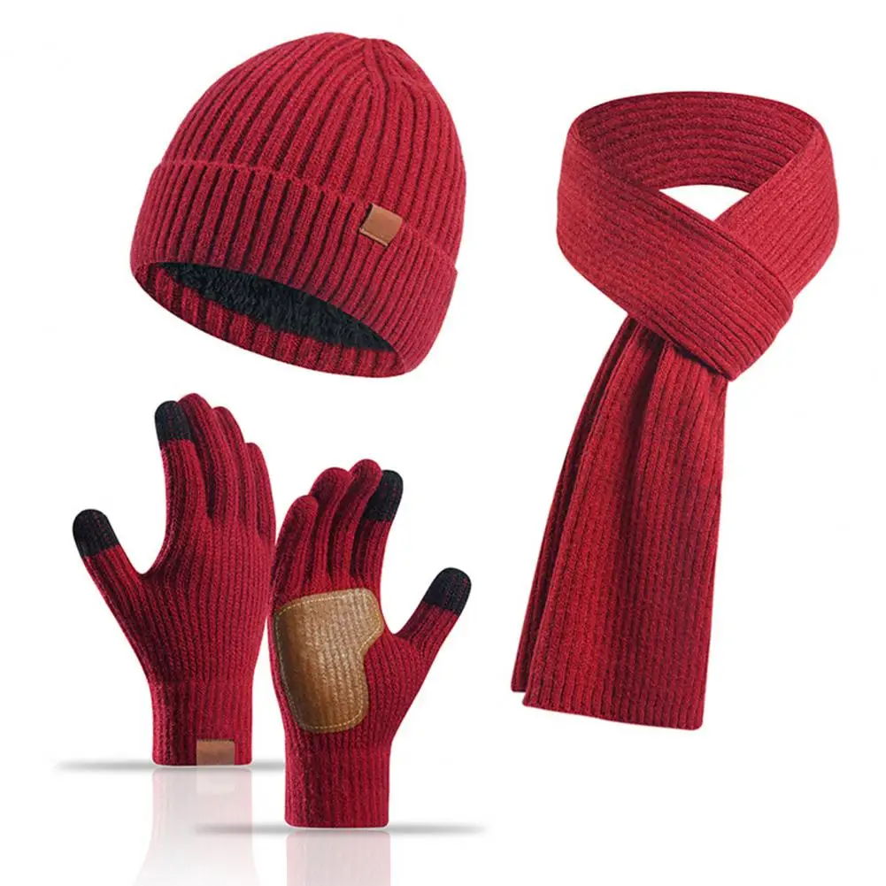 Winter Hat Glove Set Winter Outdoor Cycling Dome Neck Warp Set with Thick Knitted Warm Cap Friction Palm Gloves for Texting