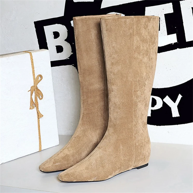 

BIGTREE, осенне-зимние винтажные сапоги до колена с острым носком, женские длинные ботильоны на танкетке, Zapatos De Muje