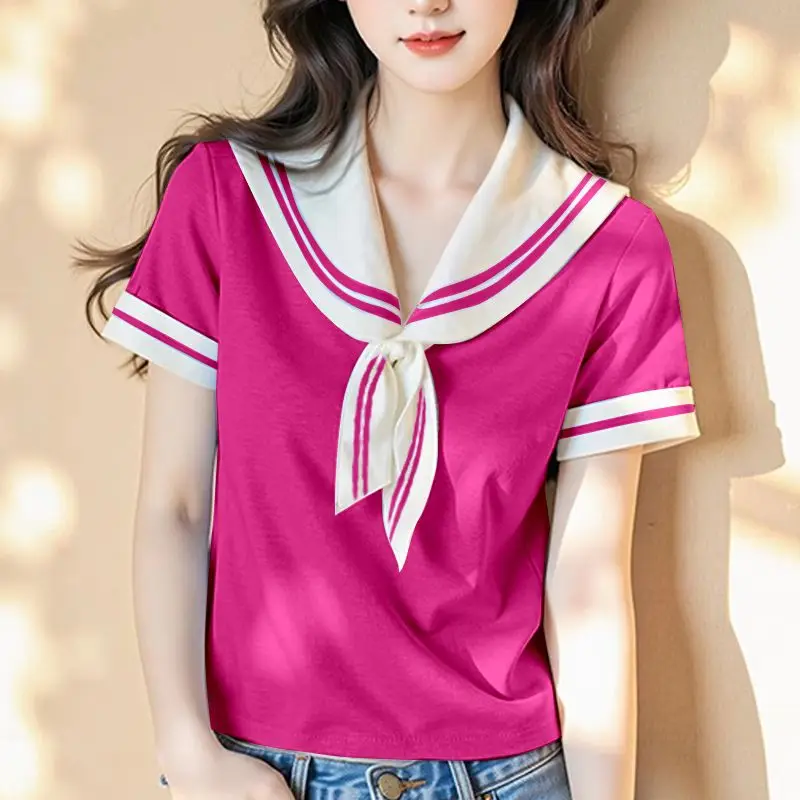 

This Year's Popular Sky Blue Navy Neck Lace-up Top for Women's Summer 2025 New Fashionable Age-reducing Short-sleeved T-shirt