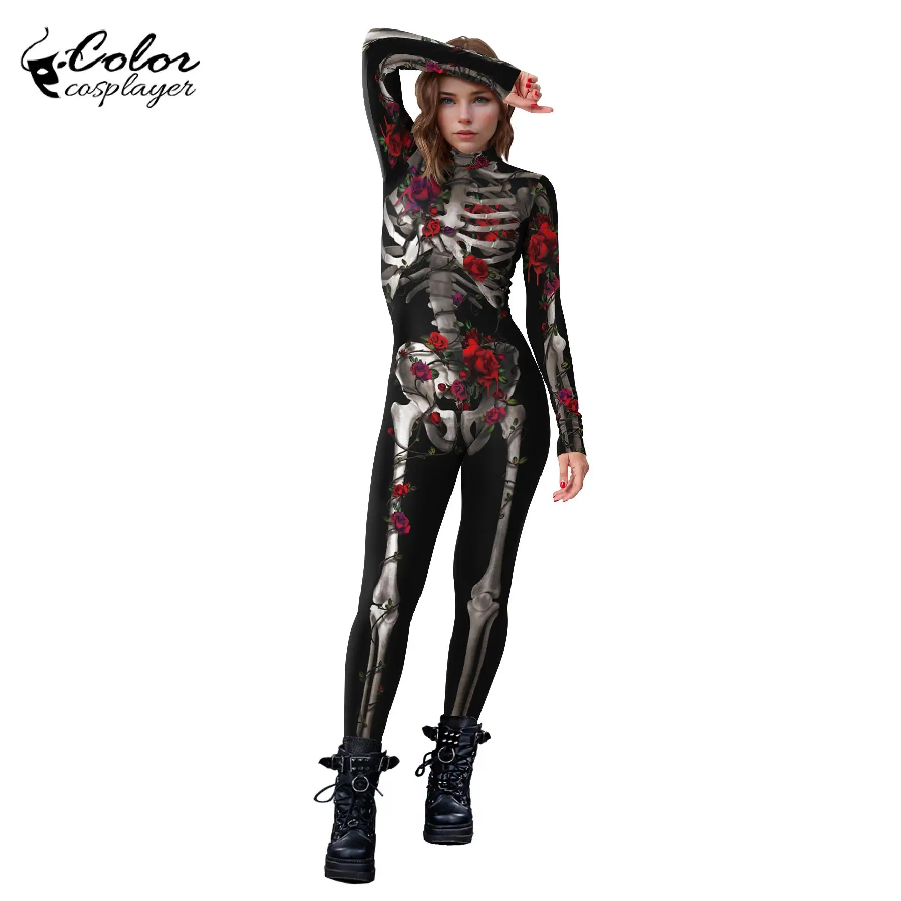 Color Cosplayer Halloween Skeleton Jumpsuit Gothic Rose Pattern Bodysuit Carnival Witch Ghost Cosplay Costume Party Zentai