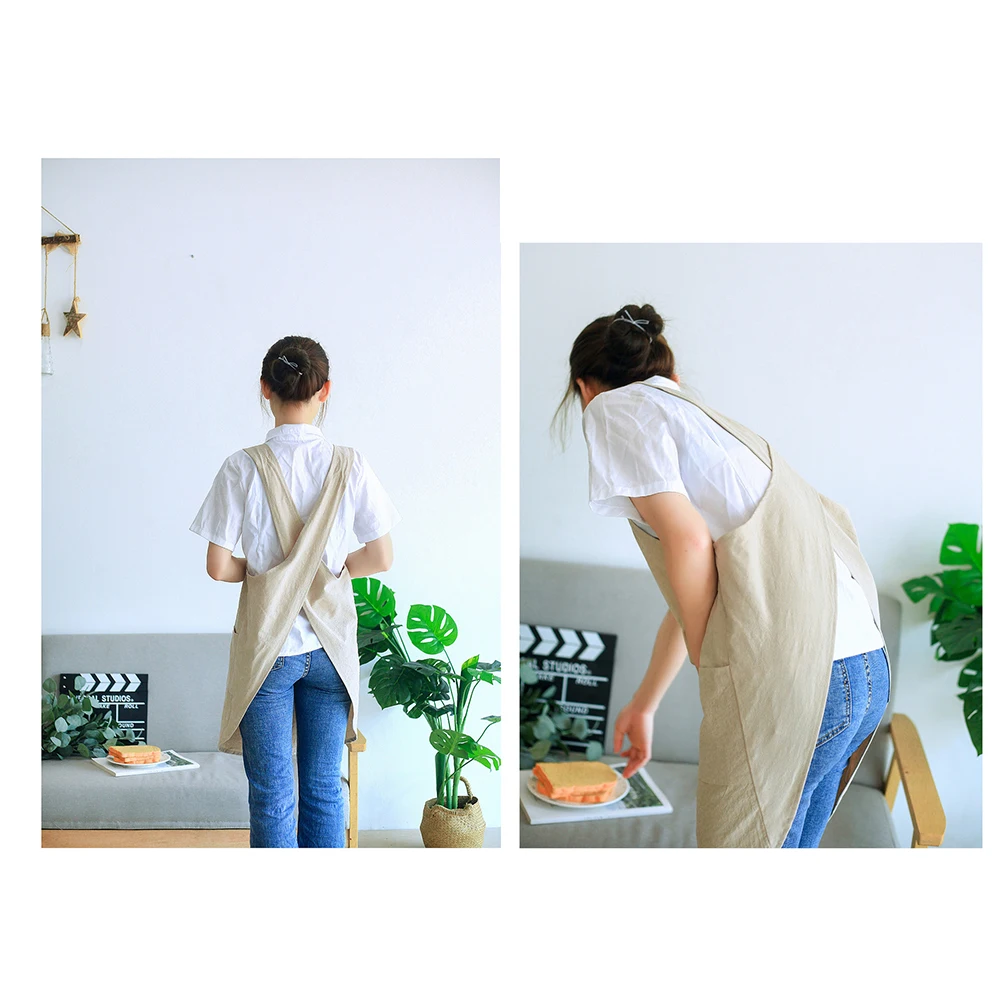 

Cotton Apron Kitchen Sleeveless Stain Resistant Serving Khaki Women Lace up Home Restaurant Practical Long Lasting Use