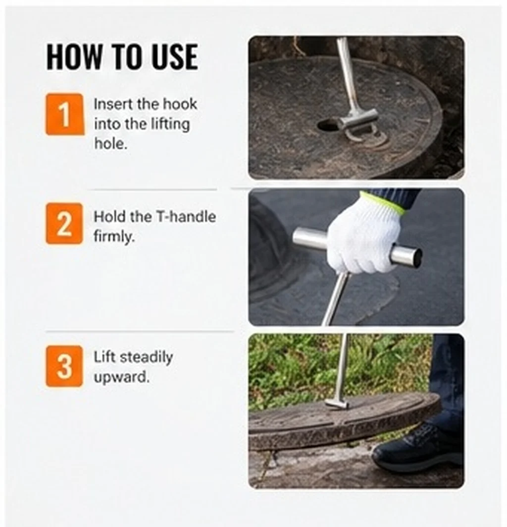 Manhole Hook Stainless Steel Heavy Duty Manhole Cover Lifting Tool Multi Functional Pull Hook for Outdoor Drain Grate and Door
