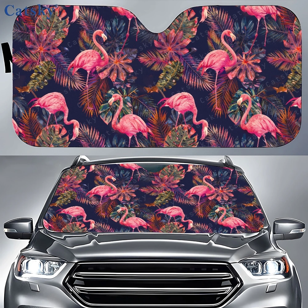 Pattern Of Pink Flamingos And Tropical Leaves On A Dark Background Car Auto Sunshades Car Sunshade, Front Window Sun Cover For C