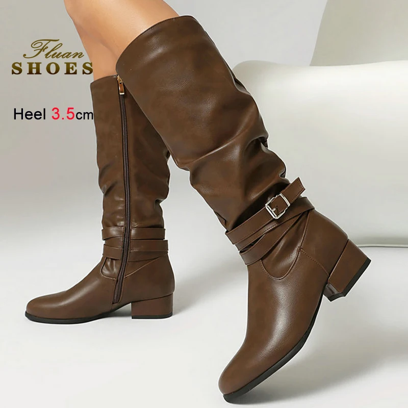 

Fall Winter Brown Pleated Women's Knight Boots Thick Heels 3.5cm Belt Buckle Ladies Knee High Boots Side Zipper Round Toe Boots