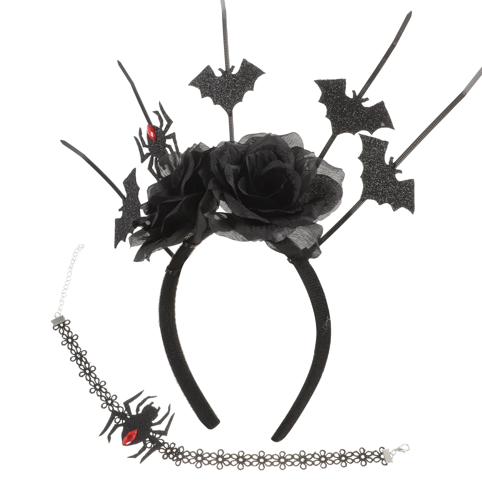 

Bat Spider Headband Gothic Hair Accessories Choker Necklace for Women Halloween Rose Headpiece Black Spider Head Hoop Cosplay