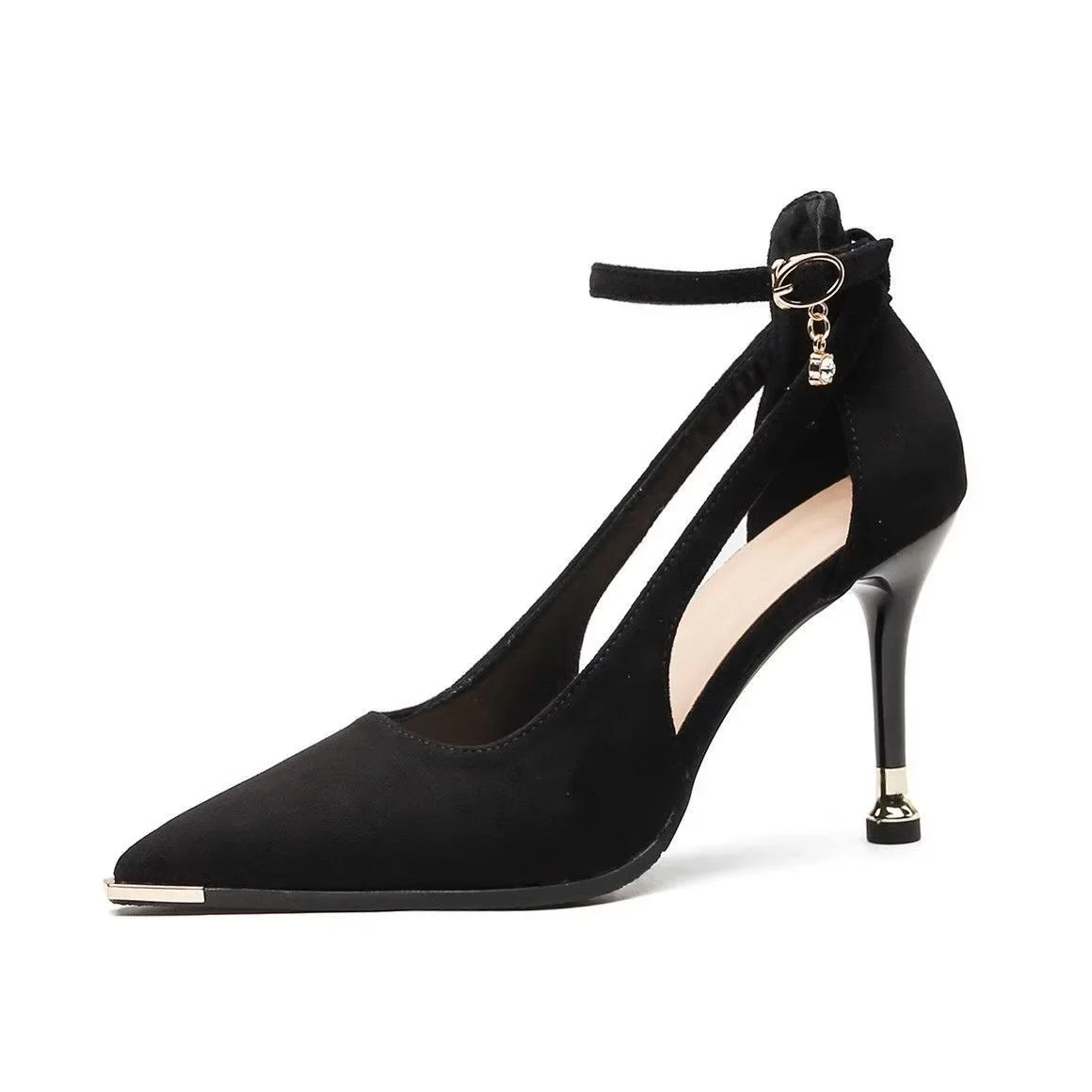 

Women Pumps Sexy Stilettos Fashion Bowknot Pointed Toe Thin Ankle Strap Flock Ladies High Heels Female BLACK Wedding Shoes