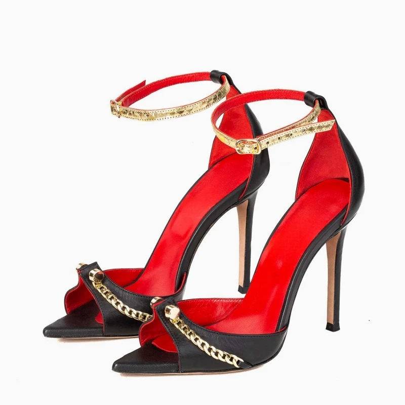 

Spring Summer Women High Heeled Shoes Luxury Design Women Peep Toe Pointed Toe Sandals Sexy Ladies Metal Decoration Party Pumps