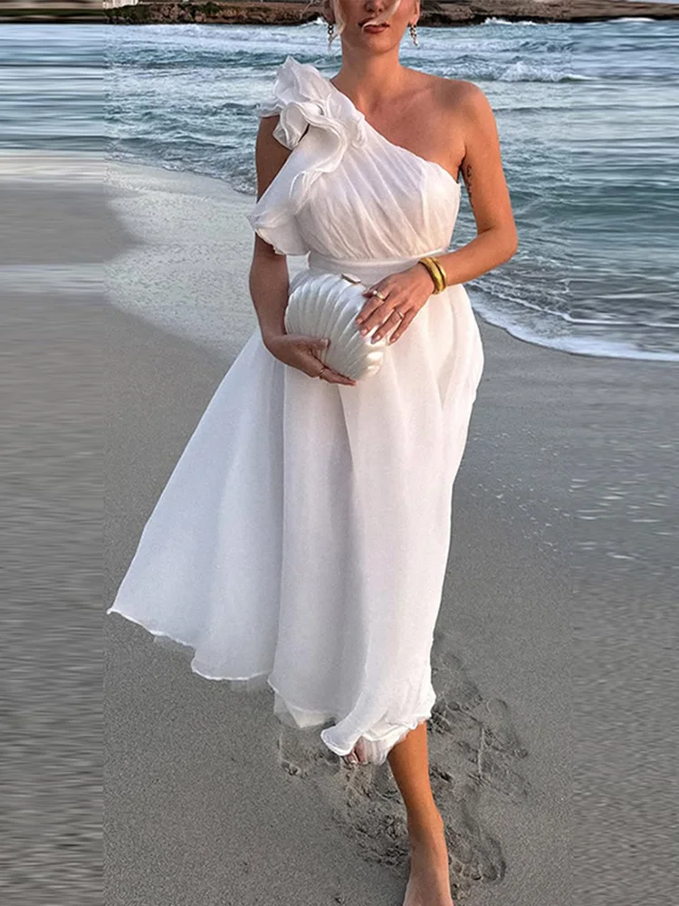 Skew Collar Dress Women Elegant Flounce Backless Sleeveless High Waist Robe Female 2025 Spring New Fashion Solid Beach Dresses