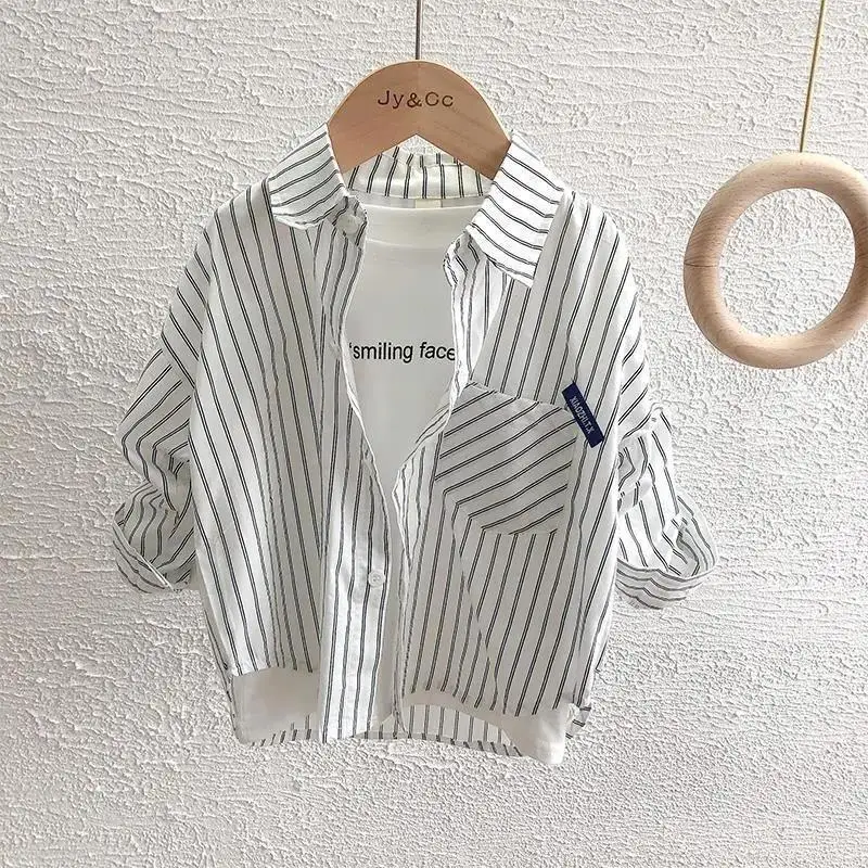 

2023 Spring Summer Korean Version Kids Clothing Fashion Lapel Striped Printed Long Sleeve Spliced Pocket Trend Handsome Shirt