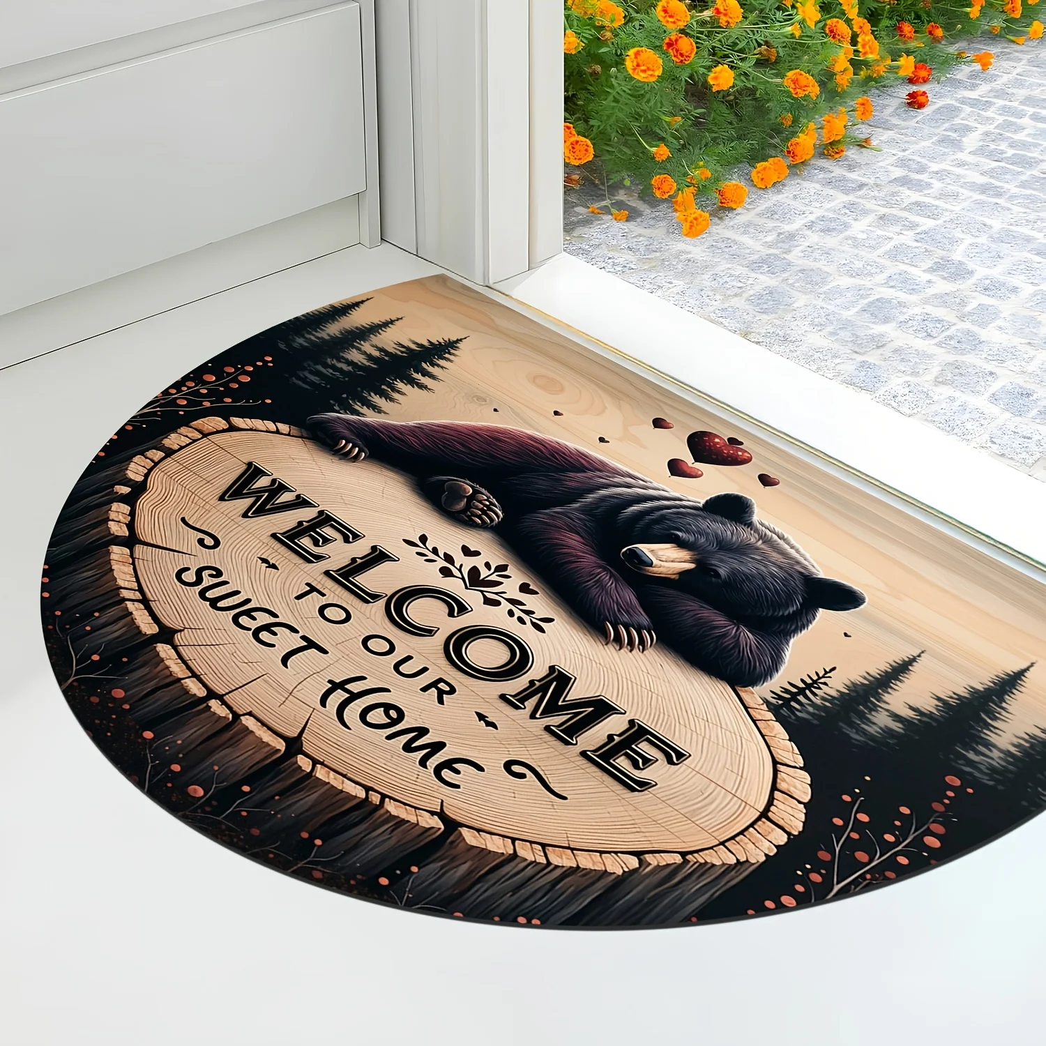 VIKAMA Half Round Black Bear Tree Stump Welcome Pine Forest Art Crystal Velvet Door Mat Non Slip Entryway Bedroom Living Room
