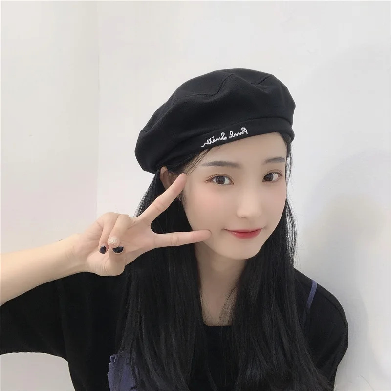 

Black Alphabet Embroidered Beret Women's Summer Thin British Retro Artist Hat Casual Octagonal Hat