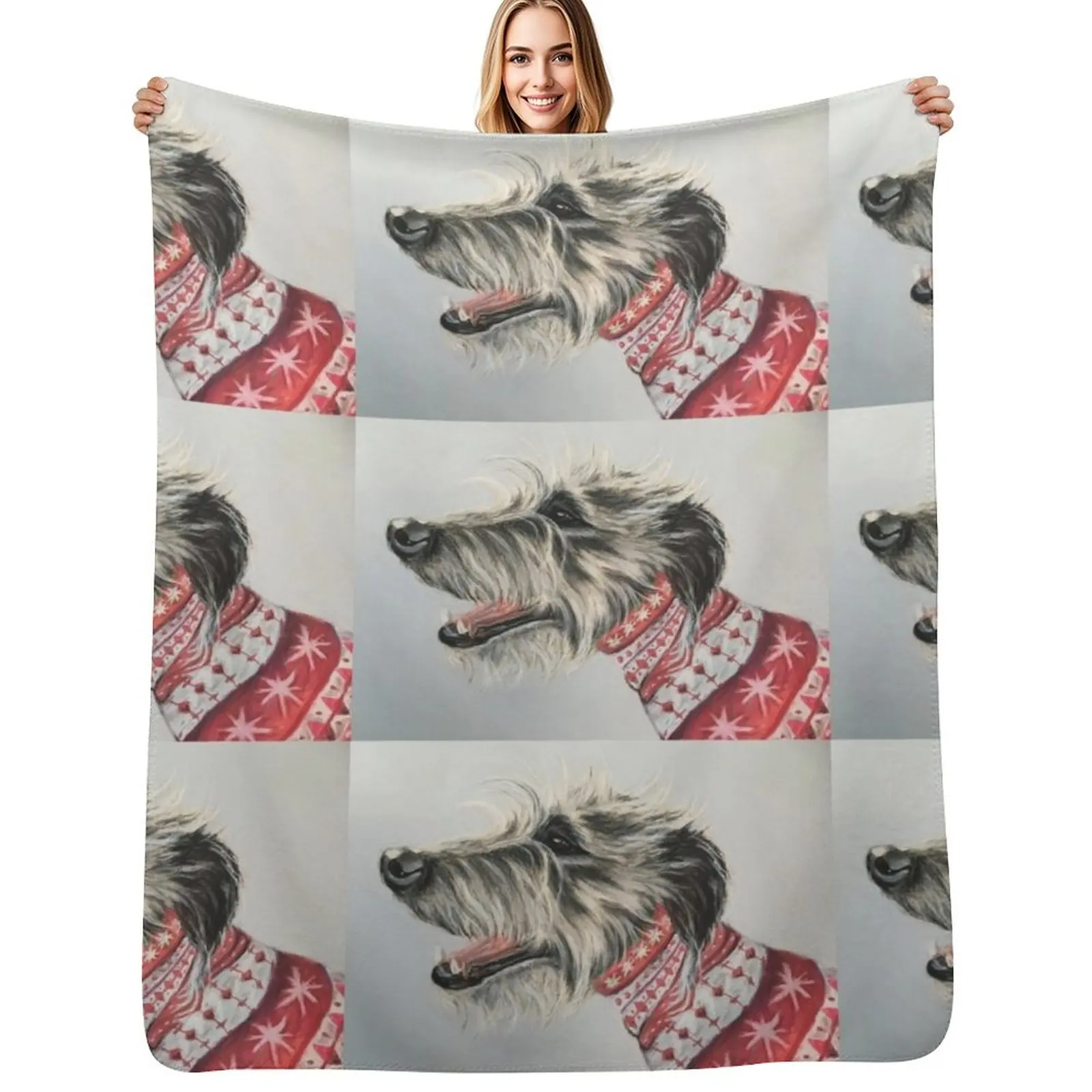 

Scruffy Lurcher in Christmas jumper Throw Blanket Plush Weighted Warm Furry Blankets