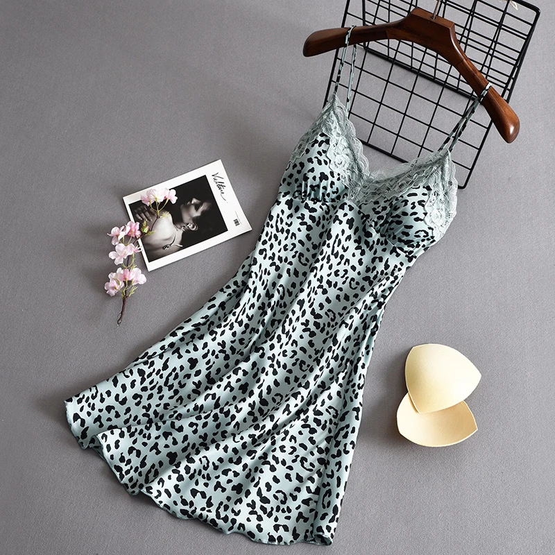 Leopard Print Camisole Nightdress For Women, Summer And Autumn Thin Sexy Silk Short Dress With Chest Pads, Lace Ice Pajamas view 2