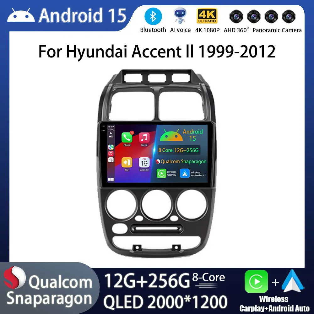 Rádio Automotivo Android 15 para Hyundai Verna Accent II 2 LC2 1999 - 2012, Player Multimídia GPS, Unidade Principal com Carplay Sem Fio
