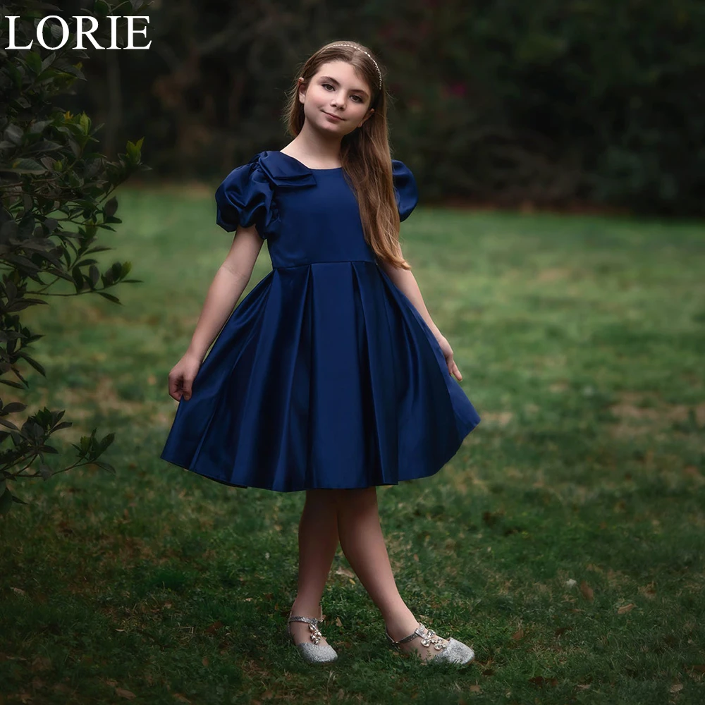 LORIE Cute Navy Blue Flower Girl Dresses Puff Sleeves O-Neck Pleated A-Line Wedding Party Dress 2024 Birthday Dress Customized