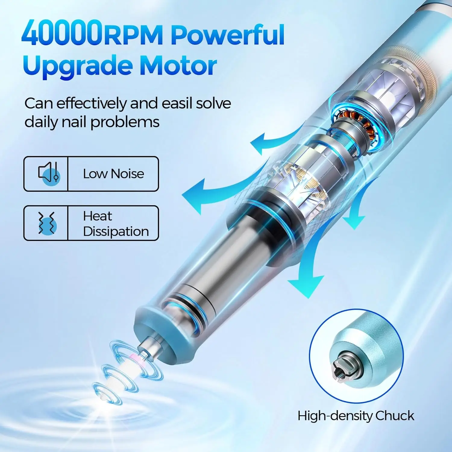 Kit profissional de broca elétrica para unhas com motor de 40000 RPM, luz LED e 12 bits para remoção de esmalte em gel acrílico