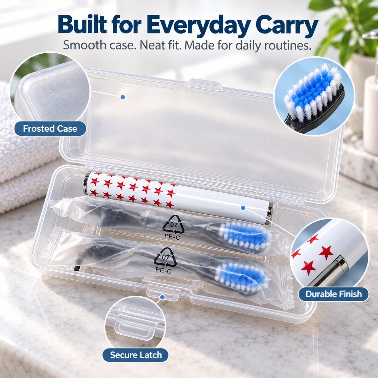 Portable Electric Toothbrush Travel Kit with 2 Individually Wrapped Brush Heads & Protective Case, Compact Oral Care Set for Travel, Work, Gym & Daily Use