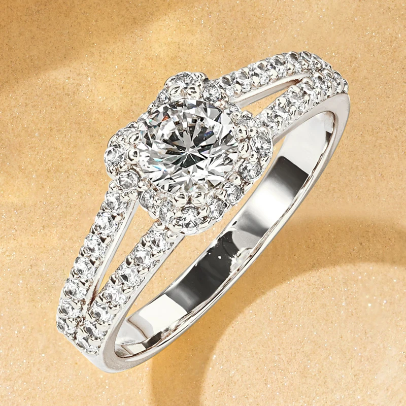 Rrjzz Luxury CZ Simulated Diamond Marriage Rings 14k Gold-Plated Woman Engagement Split Shank Ring for Wedding Fine Jewelry