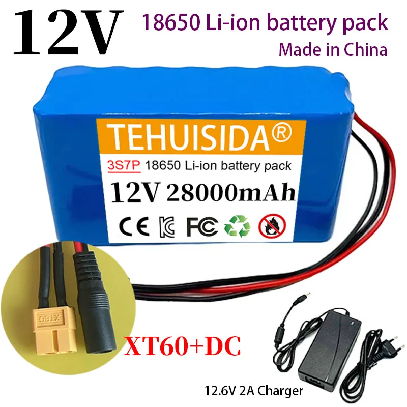 

100%real large capacity 12V 28000mAh 3S7P 18650 rechargeable lithium battery pack with built-in intelligent BMS 12.6V 2A charger