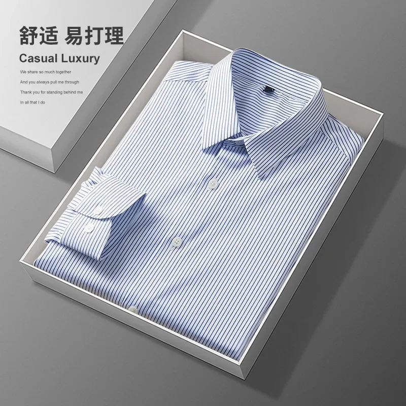 Striped Shirt New Men's Long-sleeved Business Casual High-end Fashion Non-iron Processing Suit Slim Blue Striped Shirts for Men