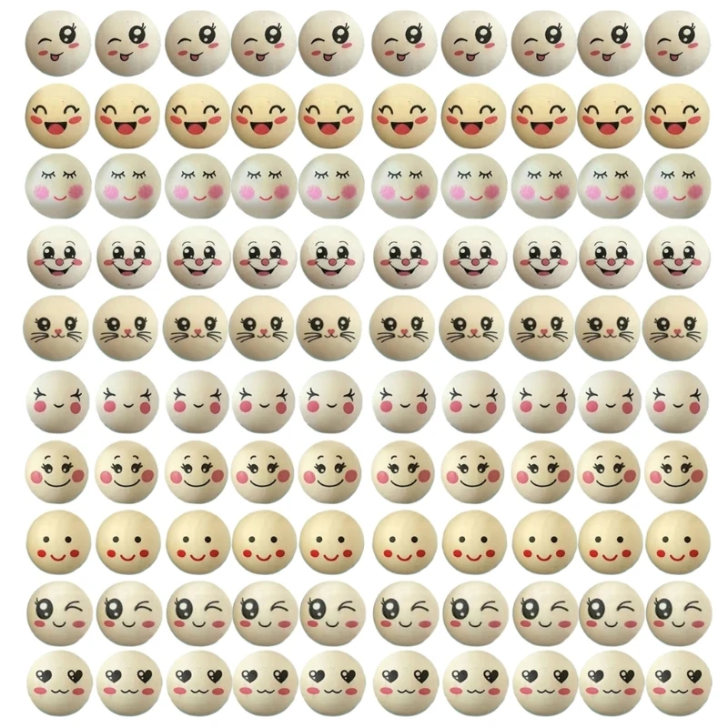 100 Pieces Natural Beads 20mm Wooden Beads DIY Wooden Ball with Face for Jewelry Bracelet Necklace Keychain Making