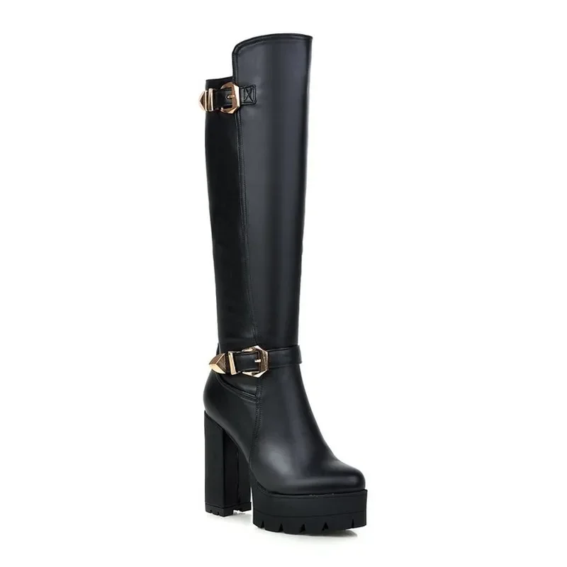 Botas de salto alto grosso para mulheres, fivela de cinto, cabeça redonda, zíper, preto, inverno, novo estilo, moda, 34-39