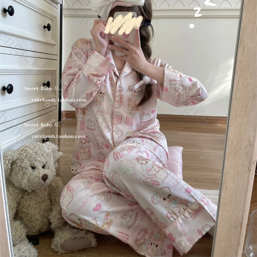 Print Cartoon Two Piece Pajamas Set Summer Rayon Home Clothes Sweet Princess Top&pants Long Sleeve Trousers Suit 2Pcs Pijamas