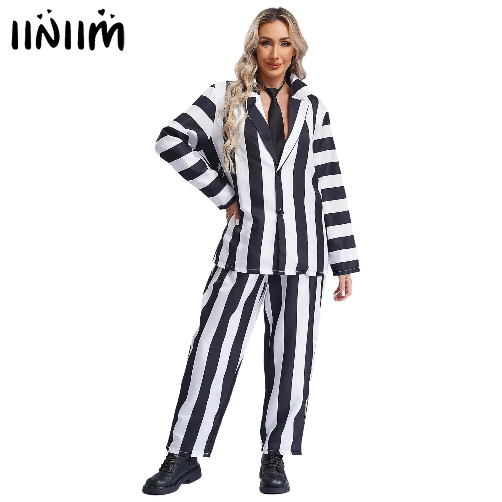 Womens Adult Spooky Movie Infernal Master Cosplay Striped Costumes Long Sleeve Blazer Necktie And Long Pants Horror 3-piece Suit