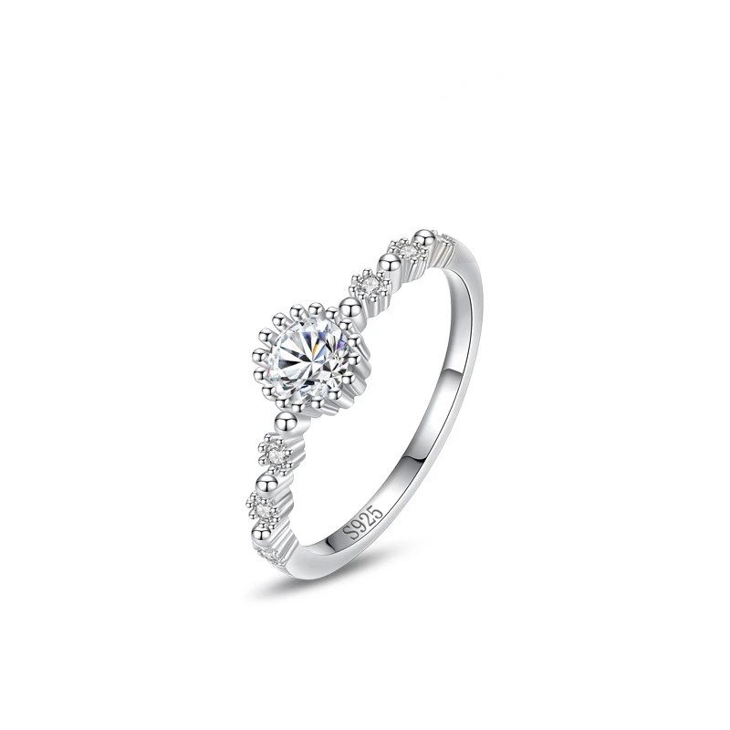 S925 Sterling Silver Round Zircon Simulated Diamond Ring, Female Personality, Light Luxury, and Small Crowd