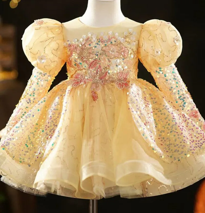 

Glitter Sequin Girl Dress Yellow Bling Prom Party Girl Gown Puff Long Sleeve Baby Girl Dress Sparkle Tulle Flower Girl Dress