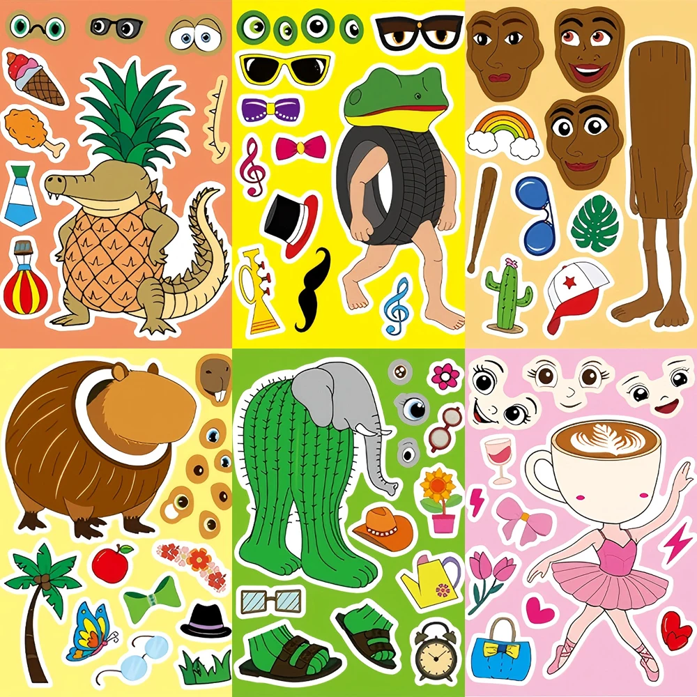 

8/16Sheets Italian Brainrot Puzzle Stickers Tung Tung Tung Sahur Funny Animal Make a Face Assemble Jigsaw Children Education Toy