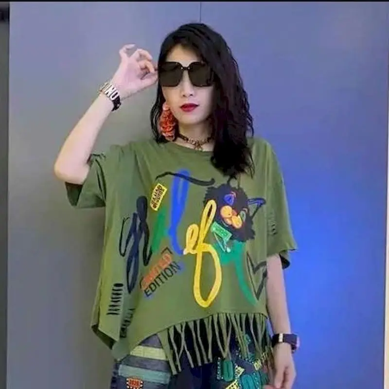 

Cotton T Shirts Women Personalized Printed Irregular Design T-shirt Casual Loose Short Sleeve Tops 2025 Summer Trend Tshirt Y2k