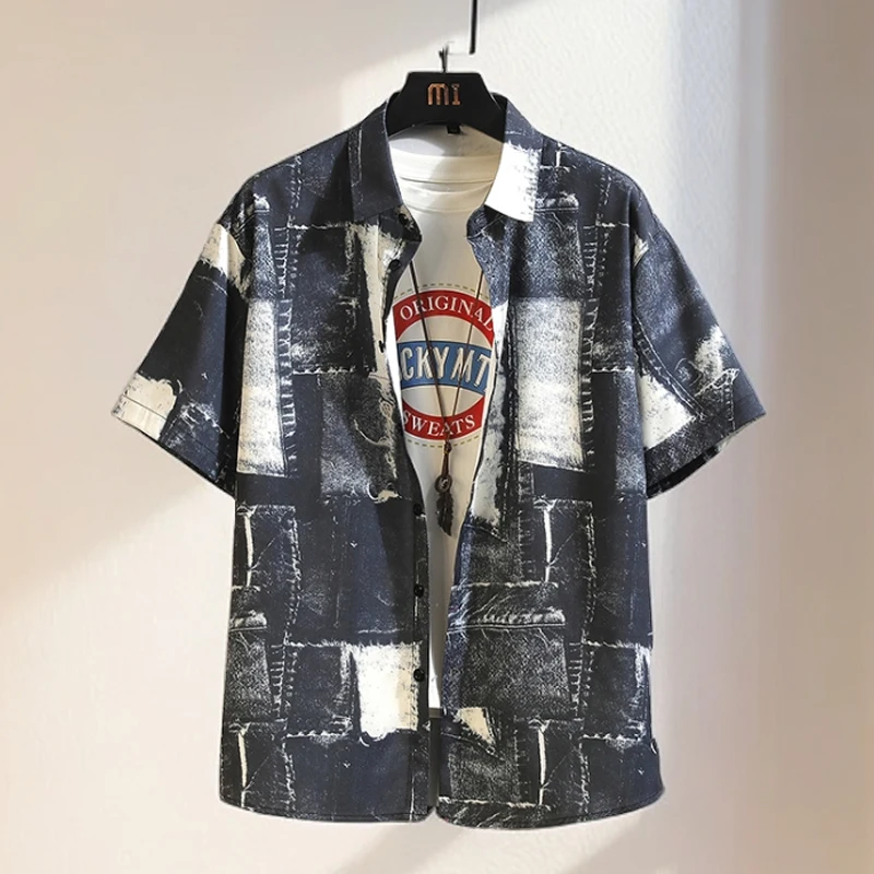 

Retro Street Short Sleeved Men's Casual Shirt Large Size Hip Hop Loose Ice Silk Men Shirt Summer Patchwork Printed Blouse Men