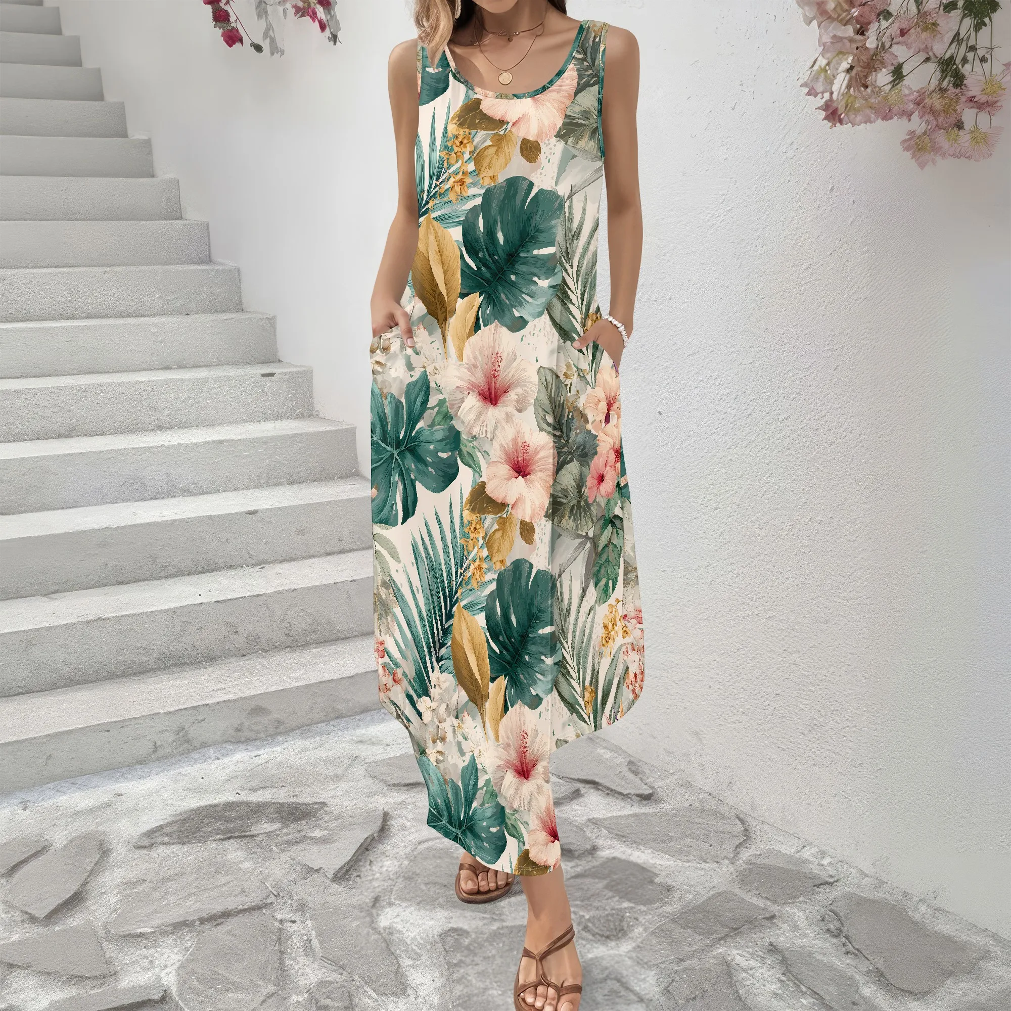 Tropical Print, Sleeveless Maxi Dress, Floral Pattern Beach Wear, Summer Style Vacation Outfit, Casual Fit for Women, S-2XL