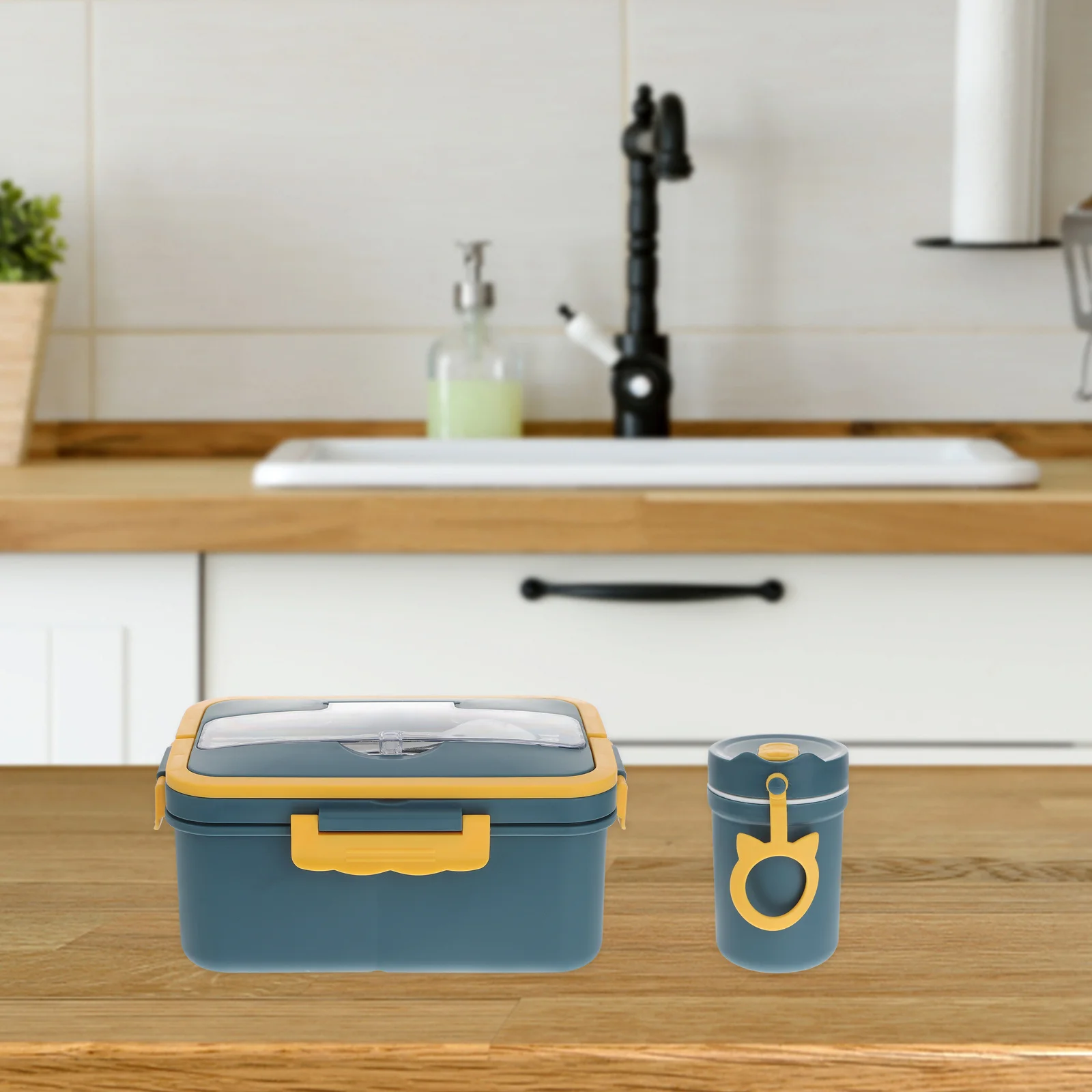 

1Set Portable Bento Box Lunch Container Creative Plastic Heat Preservation Case Soup Cup Tableware Blue Yellow for Office School