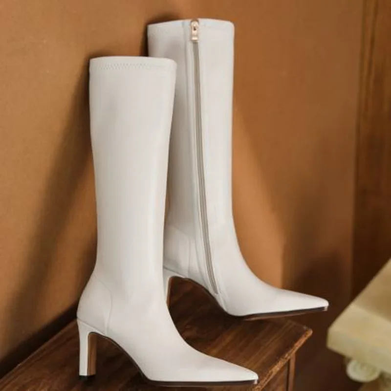 

Женские сапоги до колена, пикантные осенне-зимние туфли с острым носком, черно-белые длинные сапоги на каблуке, женская обувь для вечеринок, большой размер 43