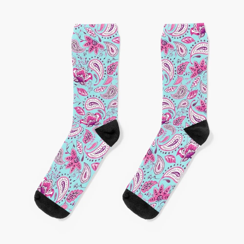 Watercolor Pink Floral Paisley - Turquoise Socks sports stockings golf Heating sock Men's Socks Luxury Women's