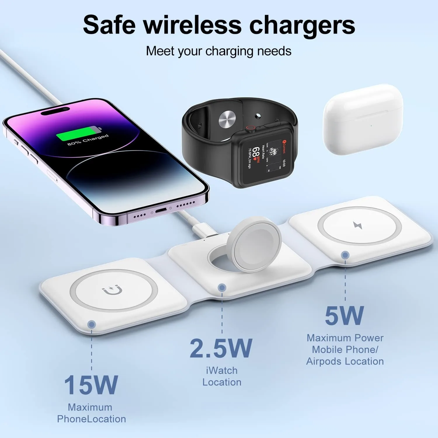 15W 3 in 1 Magnetic Portable Wireless Charger for iPhone 14 13 12 11 XR Pro Max Apple Watch AirPods Fast Charging Dock Station