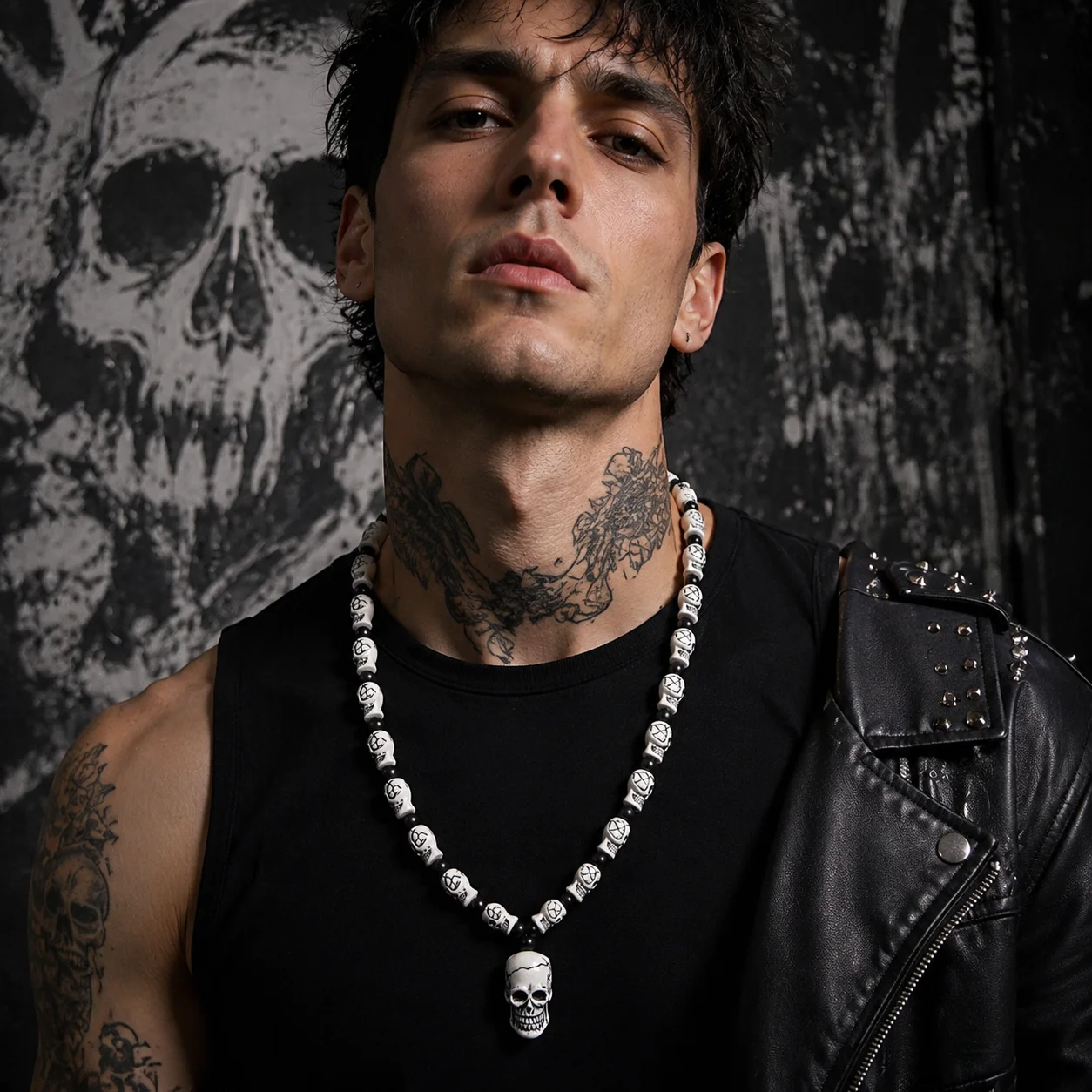 FX801 Imitation Yak Bone Necklace Halloween Skull Beaded Necklace Punk Cool Men Europe United States Hip Hop Pendant Necklace