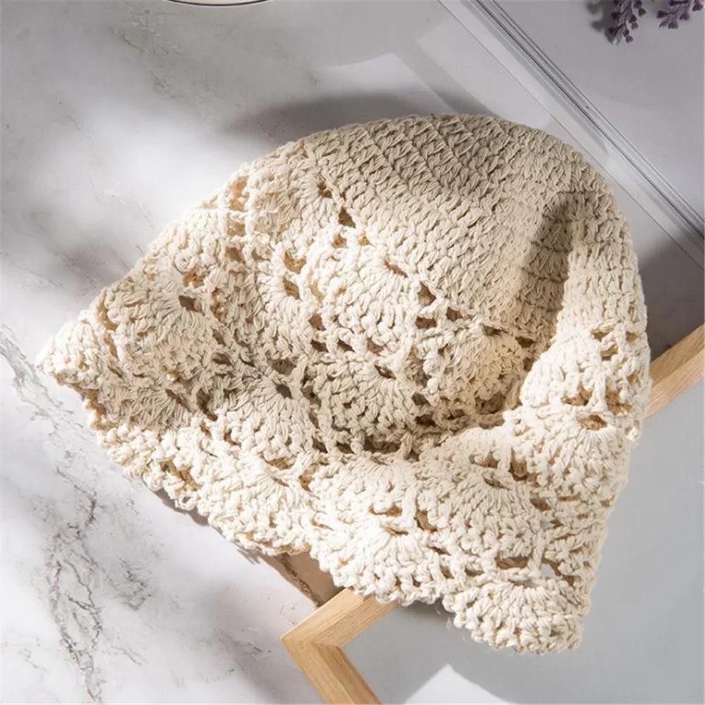 Hand-Knitted Flower Hollow Thin Cap Spring and Summer Lace Breathable Kerchief  Crochet Toe  Cotton Thread Hat Female