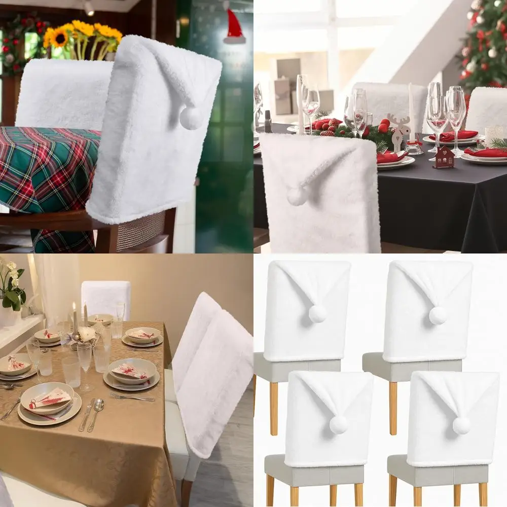 

Set of 4 White Faux Fur Santa Hat Chair Covers for Christmas Holiday Dining & Kitchen Party Decor