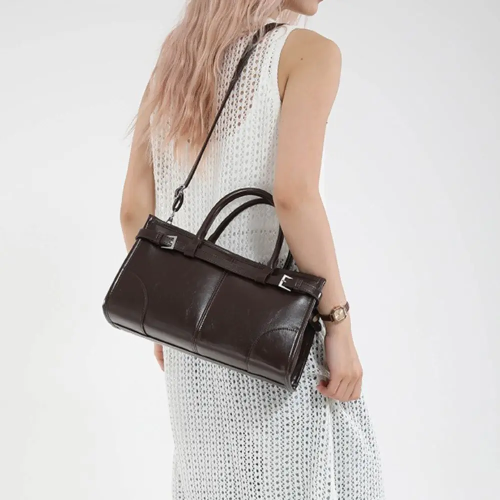 Vintage Colorblock Shoulder Bag PU Leather Square Shape Crossbody Bag Large Capacity Belt Design Shopper Tote Diaper